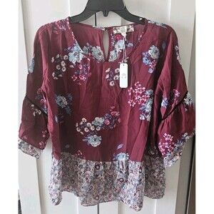 Pink Rose Floral Blouse L Burgundy Boho Peplum Bell Sleeve Top Charming Charlie